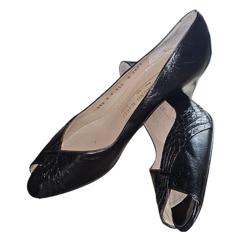 Bruno Magli Vintage Black Leather Peep-Toe Heels - Snakeskin Accent - 8